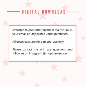 Puede incluir: Instrucciones de descarga digital con un fondo de patr&oacute;n de estrellas rosas. El texto dice: "DESCARGA DIGITAL Disponible para imprimir despu&eacute;s de la compra a trav&eacute;s del enlace en su correo electr&oacute;nico o perfil de Etsy en compras. Todas las descargas son solo para uso personal. Por favor, p&oacute;ngase en contacto conmigo si tiene alguna pregunta y s&iacute;ganos en Instagram @shopthemerryco"