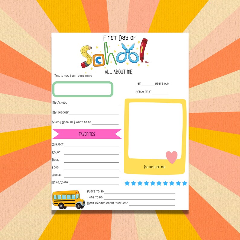 Puede incluir: Una hoja de trabajo imprimible para el primer d&iacute;a de escuela con un tema escolar colorido. La hoja de trabajo incluye secciones para que el estudiante escriba su nombre, edad, grado, escuela, maestro, materia favorita, color, libro, comida, animal, pel&iacute;cula o programa, lugar al que quiere ir, cosa que quiere hacer y lo que m&aacute;s le emociona de este a&ntilde;o. Tambi&eacute;n hay un espacio para una foto del estudiante.