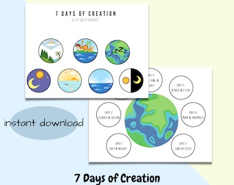 7 días de creación imprimible, manualidad de escuela dominical, lección bíblica para niños, actividad cristiana para niños, juego de combinación de historias bíblicas, educación en el hogar