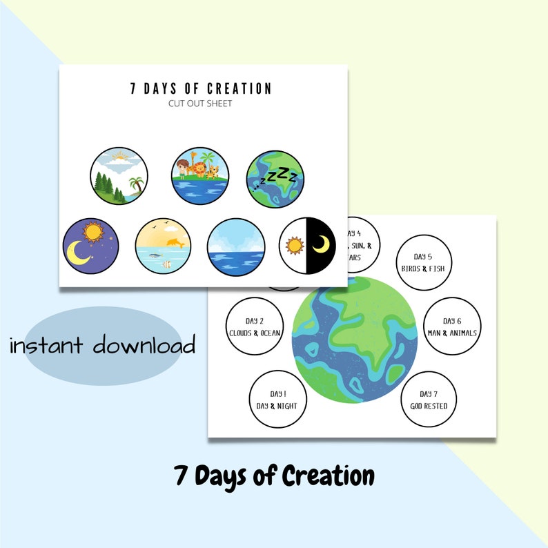 May include: A printable cut-out sheet for a 7 Days of Creation activity. The sheet includes seven circles with illustrations of each day of creation, such as the sun, moon, stars, clouds, ocean, birds, fish, and animals. The sheet also includes a larger circle with a colorful illustration of the Earth.