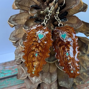 Knobcone Feather Pinecone Earrings , Turquoise Jewelry, Nature Handmade