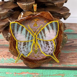 Könnte beinhalten: Ein Anhänger mit einem Schmetterlingsdesign mit gelben Umrissen und blau-weißen Flügeln. Der Schmetterling ist in einer braunen, harzbeschichteten Basis mit einer goldfarbenen Öse eingefasst. Der Anhänger wird auf einem Tannenzapfen präsentiert.