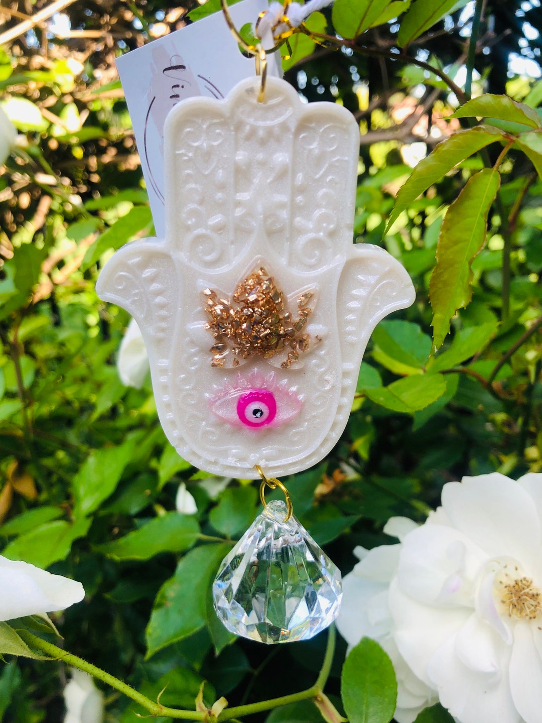 Hand Mantra Evil Eye Lotus Flower Mini Sun Catcher, Meditation Prism , Evil Eye Wall Hanging