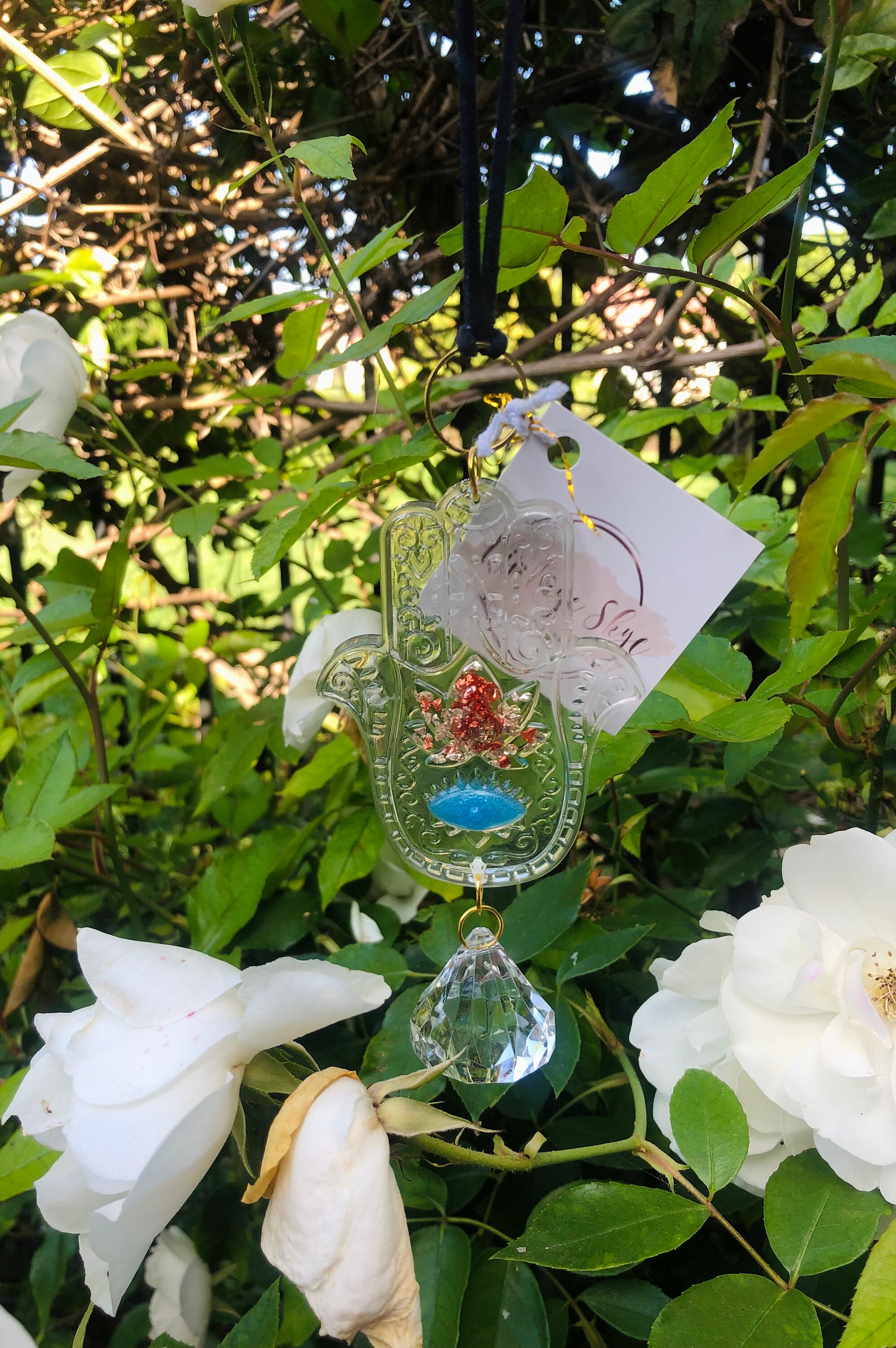 Hand Mantra Evil Eye Lotus Flower Mini Sun Catcher, Meditation Prism , Evil Eye Wall Hanging