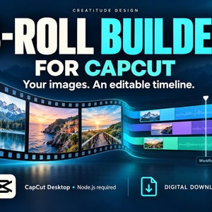 May include: A digital graphic titled B-ROLL BUILDER FOR CAPCUT featuring a film strip with three landscape photos transitioning into an editable video timeline. Text includes Creatitude Design, Your images. An editable timeline, CapCut Desktop, and Digital Download.