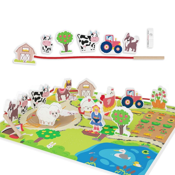 Merle Toys® - Fädelspiel auf dem Bauernhof: Montessori Spielzeug für Kinder ab 2 Jahre, Motorikspielzeug aus Holz, Kinder- und Holzspielzeug