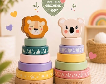 Stapelturm Baby aus Holz ab 12 Monaten – Motorikspielzeug, Montessori Spielzeug, FSC Holzspielzeug, Geschenk 1. Geburtstag, Löwe oder Koala