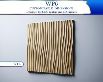 May include: A beige 3D wall panel with a wavy, vertical pattern. The panel is designed for CNC routers and 3D printers. The text "WP6 CUSTOMIZABLE DIMENSIONS Designed for CNC routers and 3D Printers" is at the top of the image. The text "STL" is at the bottom of the image.