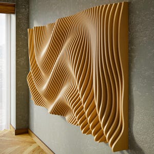 PP9 parametric wall art design in warm wood, ribbed waves close up. CNC wall art files for routers and lasers, premium custom wall panel option.