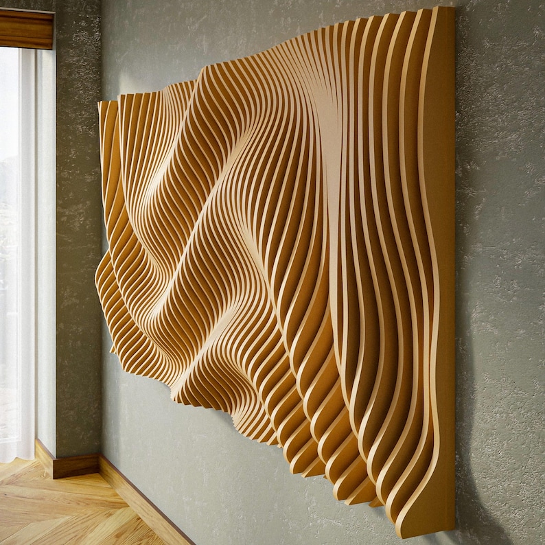 PP9 parametric wall art design in warm wood, ribbed waves close up. CNC wall art files for routers and lasers, premium custom wall panel option.