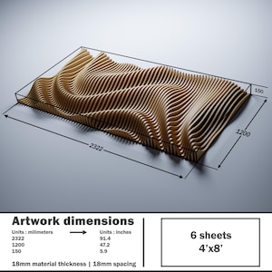 Technical preview of PP9 parametric wall art layout on gray background, dimensions 2322 x 1200 x 150 mm with 18 mm material and 18 mm spacing, parametric DXF and SVG files for CNC and laser cutting.