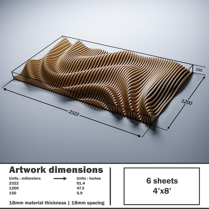 Technical preview of PP9 parametric wall art layout on gray background, dimensions 2322 x 1200 x 150 mm with 18 mm material and 18 mm spacing, parametric DXF and SVG files for CNC and laser cutting.