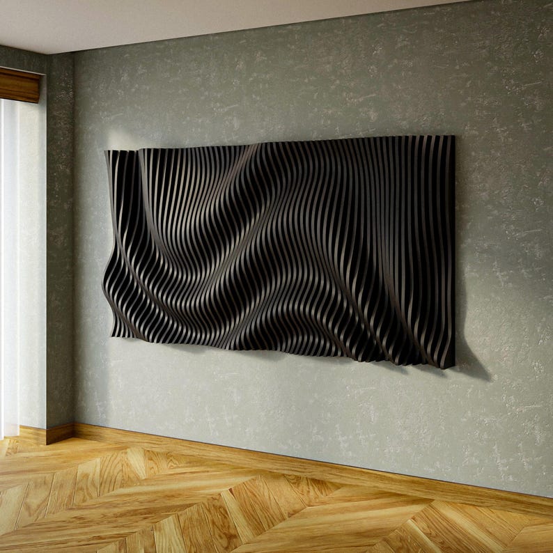 Parametric wall art design in matte black, wavy wall sculpture on a modern interior wall, custom CNC cutting files for routers and lasers, feature wall decor for studios and offices.