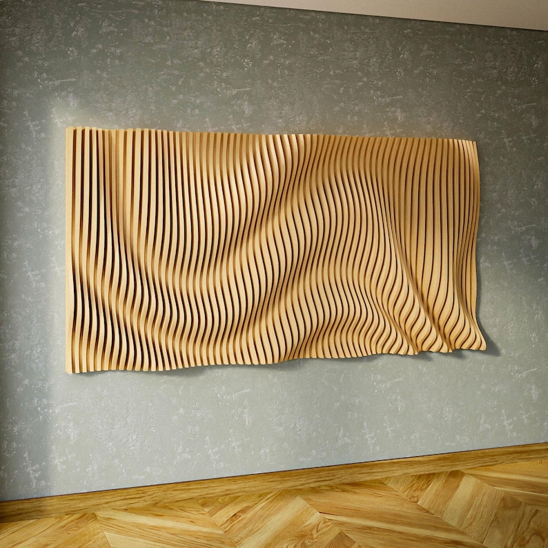 Parametric wall art design in natural wood, full room view, digital vector files DXF SVG AI EPS for CNC routers and lasers, modern feature wall decor for homes and hospitality.