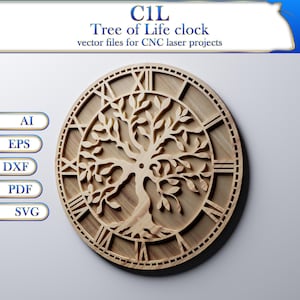 Orologio da parete Albero della vita - File tagliati al laser / Modello vettoriale laser CNC / File SVG e DXF per orologio / C1L