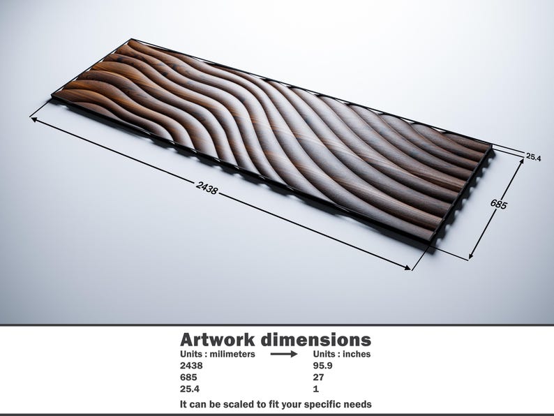 Op de afbeelding: Een houten wandpaneel met een golvend patroon. Het paneel is 95,9 inch breed, 27 inch hoog en 1 inch dik.