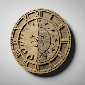 Sun and Moon wall clock CNC vector design | CNC files for wood router or laser cut clocks | wall clock vector svg, dxf, eps, ai, pdf | C4