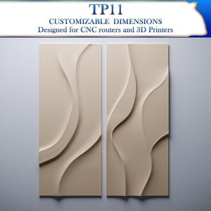 May include: Two beige wall panels with a wavy, abstract design.  The panels are designed for CNC routers and 3D printers.  TP11 Customizable Dimensions.