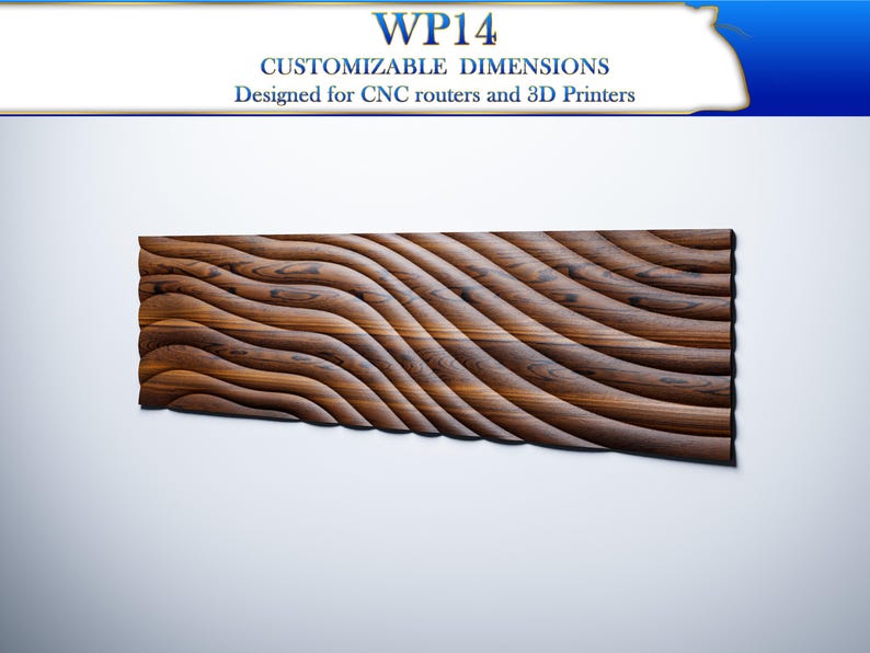 Op de afbeelding: Een houten wandpaneel met een golvend, vloeiend patroon. Het paneel is gemaakt van donkerbruin hout met een natuurlijke nerf. WP14 AANPASBARE AFMETINGEN Ontworpen voor CNC-routers en 3D-printers