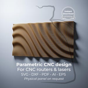 Könnte beinhalten: Ein rechteckiges, hölzernes, parametrisches CNC-Design mit einem wellenförmigen, geriffelten Muster. Das Design ist für CNC-Fräser und -Laser bestimmt und ist in den Formaten SVG, DXF, PDF, AI und EPS erhältlich. Der Text "Instant Download CUSTOMIZABLE" ist ebenfalls enthalten.