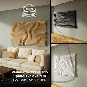 May include: A trio of parametric wave panels in gold, black, and white, mounted on a wall. The panels have a textured, undulating design. The image includes text that reads "Instant Download TRIO BUNDLE" and "Parametric Wave Trio 3 panels Save 30%."