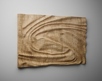 May include: A rectangular wooden wall art piece with a unique, flowing design. The artwork features a light brown color with a textured surface, and a wavy pattern carved into the wood. The edges have a rough, uneven finish.