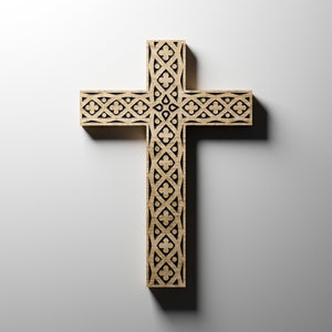 May include: A wooden cross with a detailed, intricate design carved into the surface. The cross is light brown in color and has a black outline.