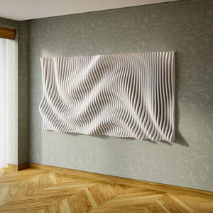 parametric wall art design in matte white, clean wavy wall sculpture, CNC designs for routers and lasers, studio decoration and office lobby feature wall.