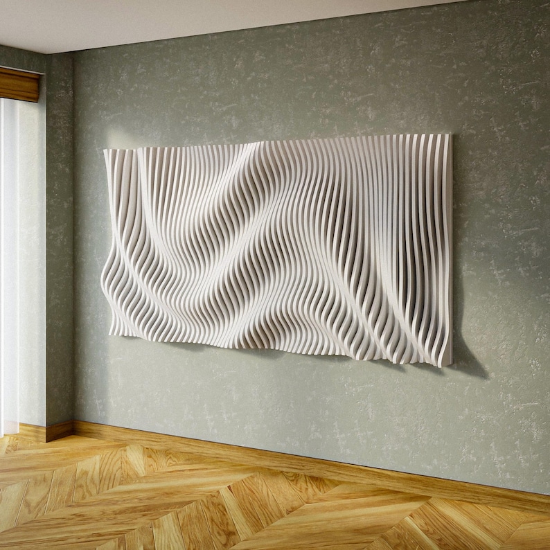 parametric wall art design in matte white, clean wavy wall sculpture, CNC designs for routers and lasers, studio decoration and office lobby feature wall.