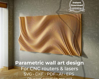 Könnte beinhalten: Ein Wandkunstdesign aus Holz mit einem wellenförmigen Muster, montiert an einer grauen Wand. Das Kunstwerk besteht aus vertikalen Holzlatten, die einen strukturierten, dreidimensionalen Effekt erzeugen. Der Text auf dem Bild lautet "Sofort-Download, Anpassbar" und "Parametrisches Wandkunstdesign".