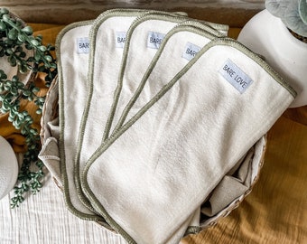 Reusable Cloth Wipes - Sage trim set of 5 with wet bag