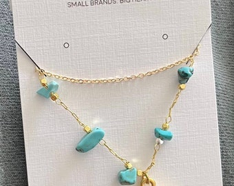 Turquoise stone and gold wave pendant necklace 24Kt