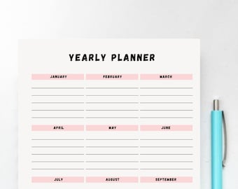 Printable Yearly Planner Download, Annual Modern Planner For Office, School and Home, Instant Download