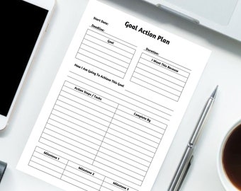May include: A printable goal action plan worksheet with sections for start date, deadline, goal, duration, why you want this goal, how you are going to achieve this goal, action steps or tasks, complete by, and milestones.