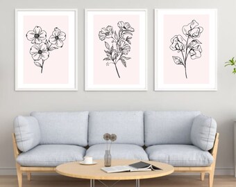 ZESTAW TRZECH, Nowoczesny minimalistyczny salon, wydruki z motywem kwiatowym, dekoracja ścienna do sypialni, ściana galerii sztuki boho, wydrukowane dzieła sztuki