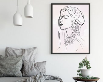 Female Wall Art | face line art | line drawing | printable art | art print | minimalist, wall art | one line art print, home decor