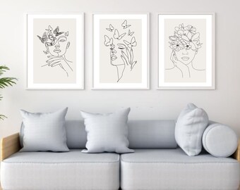 3 Set Female Wall Art Print, face line art, line drawing | printable art | art print | minimalist, wall art | one line art print, home decor