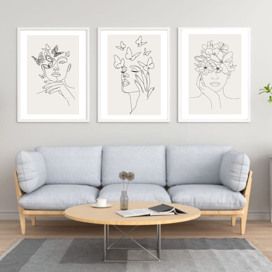 3 Set Female Wall Art Print, Face Line Art, Line Drawing | Printable ...