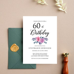 Invitación de cumpleaños sorpresa Canva 60 / Invitación de Canva editable floral / Invitación de fiesta imprimible sorpresa / Fiesta de cumpleaños de adultos