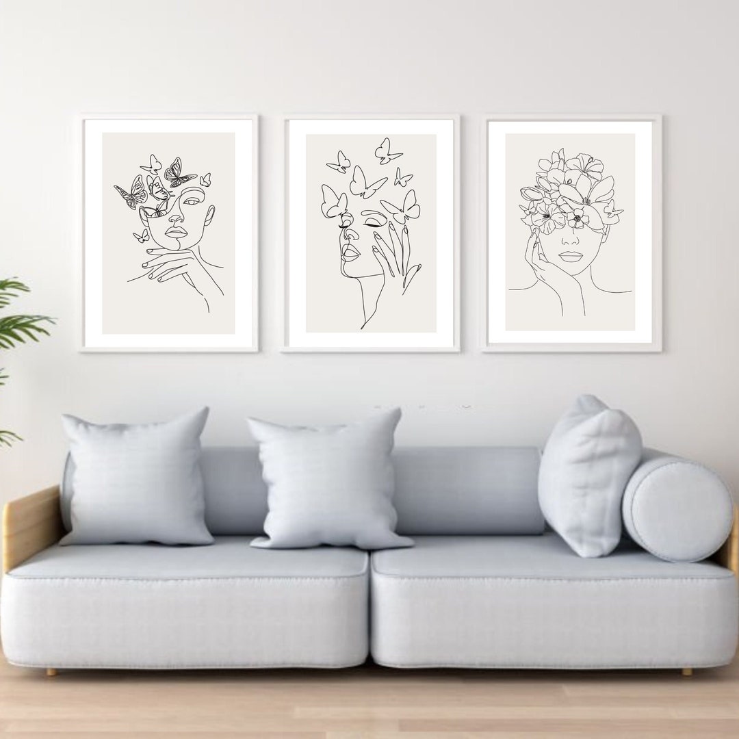 3 Set Female Wall Art Print, Face Line Art, Line Drawing | Printable ...