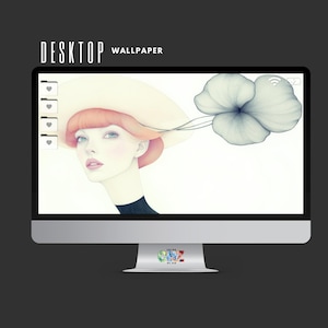 May include: A desktop computer displays a digital art wallpaper. The artwork features a woman with red hair and a white hat, with a large, stylized blue flower. The words "DESKTOP WALLPAPER" are at the top. The computer is silver with a black screen.