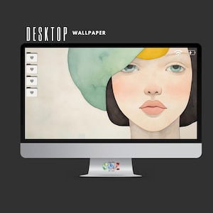 Puede incluir: Un ordenador de sobremesa muestra una ilustración en acuarela del rostro de una mujer. La mujer tiene la piel pálida, las mejillas sonrosadas y los ojos azules. Lleva un sombrero verde y amarillo. También se muestra el texto "DESKTOP WALLPAPER".