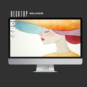 Puede incluir: Una pantalla de ordenador muestra un fondo de pantalla digital con el perfil de una mujer que lleva un sombrero grande y colorido. El sombrero hace la transición del azul al naranja y al rosa. También se muestra el texto "DESKTOP WALLPAPER".