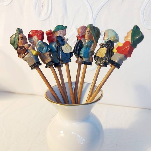 Very rare, wooden hand-carved/painted vintage cocktail sticks.