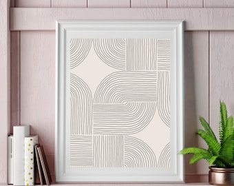 May include: A framed abstract art print with a white border. The artwork features a beige background with black curved and straight lines arranged in geometric shapes. The text "NOW THAT'S ART PRINTS" is at the bottom.