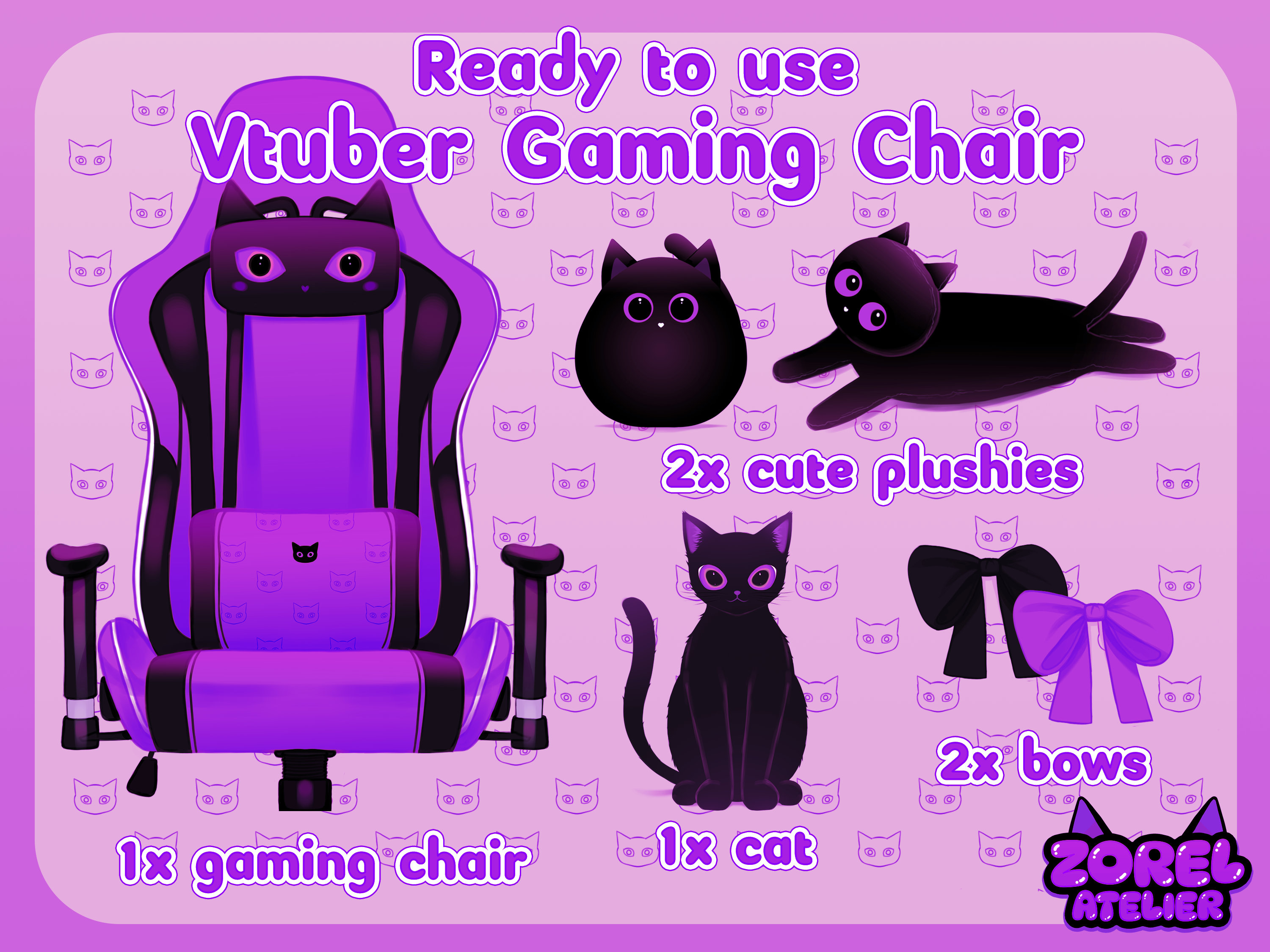 Purple Vtuber Gaming Chair Set With Free Cat Decoration Cute Twitch