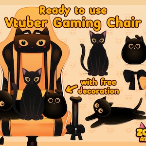 Yellow Vtuber Gaming Chair Set With Free Cat Decoration | Cute Twitch Accessory | Orange Halloween Stream Add-On Asset | Kitty | Kawaii