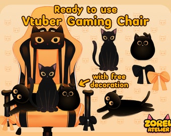 Set di sedie da gioco Vtuber gialle con decorazione per gatti gratuita / Accessorio Twitch carino / Asset aggiuntivo arancione per lo streaming di Halloween / Kitty / Kawaii
