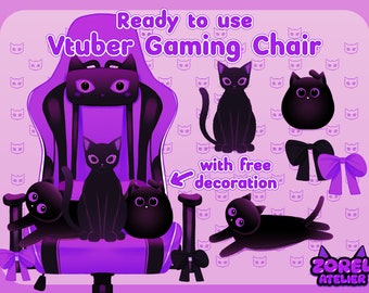 Set di sedie da gioco Vtuber viola con decorazione per gatti gratuita / Accessorio Twitch carino / Black Cat Halloween Stream Add-On Asset / Kitty / Kawaii