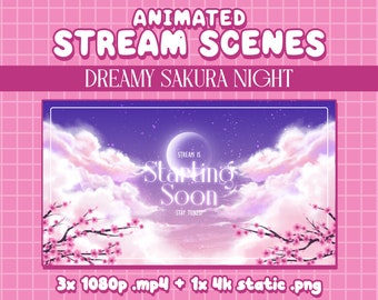 Pacchetto scene animate in streaming rosa notturno da sogno Sakura / Twitch carino Lofi 2D Anime tramonto cielo stelle luna mistico schermo elegante per streamer